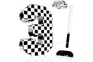 MUNILAIL Checkered Number 3 Pinata Black and White Checkered Pinata with Stick and Blindfold Confetti for 3rd Birthday Racing Car Party Game Supplies Race Car Pinata