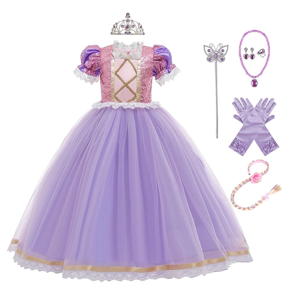 MYRISAM Rapunzel Princess Halloween Dress Sofia Costume Deluxe Party Fancy Dress Up w/Gloves Rapunzel Hair Wig Jewelry Accessories Set 8-9T