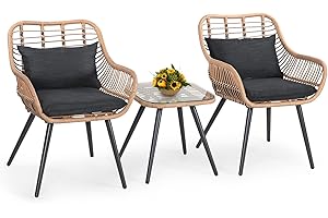 Verano Garden 3 Piece Patio Bistro Set, Outdoor Wicker Conversation Chair Sets Balcony Furniture,Coffee Table with Glass Top, Cushions & Lumbar Pillows for Porch, Backyard, Deck, Poolside