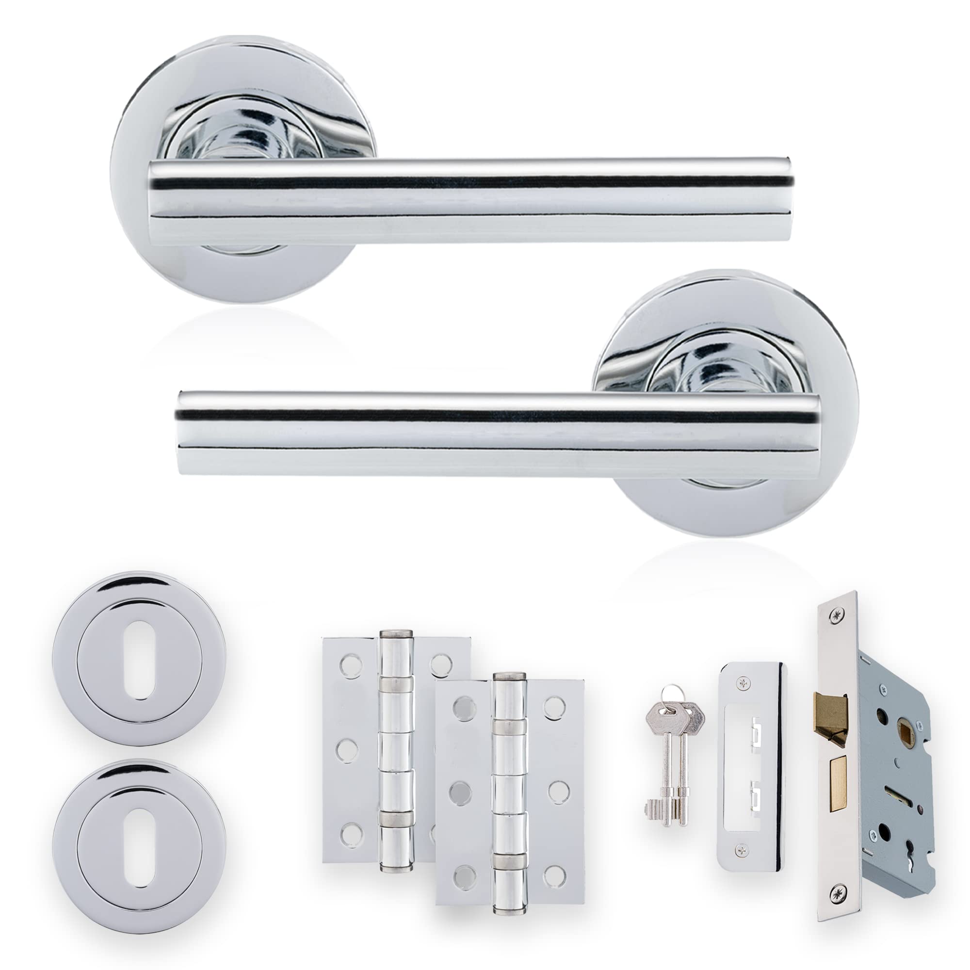 XFORT Polished Chrome Liberty Lever On Rose Lock Pack, Complete Set with T-Bar Door Handles, 65mm Sashlock, 75mm Ball Bearing Hinges and Escutcheons, for Wooden Doors Requiring Key Locking Security. — image 1