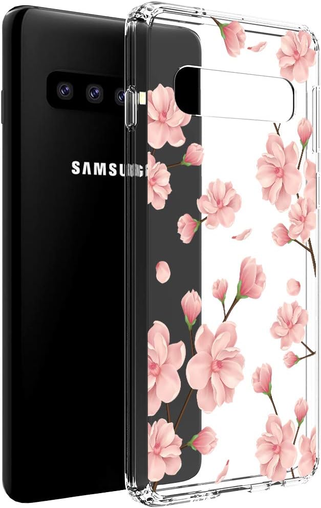 Vinve Floral Slim Case Compatible with Samsung Galaxy S10, [Crystal Clear] Anti-Scratch Shockproof Cover Hard Back Panel + TPU Bumper Phone Case for Samsung Galaxy S10 (Peach Blossom)