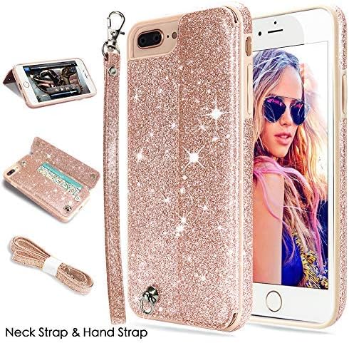 iPhone 8 Plus Case,iPhone 7 Plus Case,CASEOWL iPhone 8 Plus/7 Plus Wallet Case Glitter Leather Flip Card Holder,Wristlet,Neck Strap,Kick-Stand,Shockproof Case for iPhone 8 Plus/7 Plus-Bling Rose Gold
