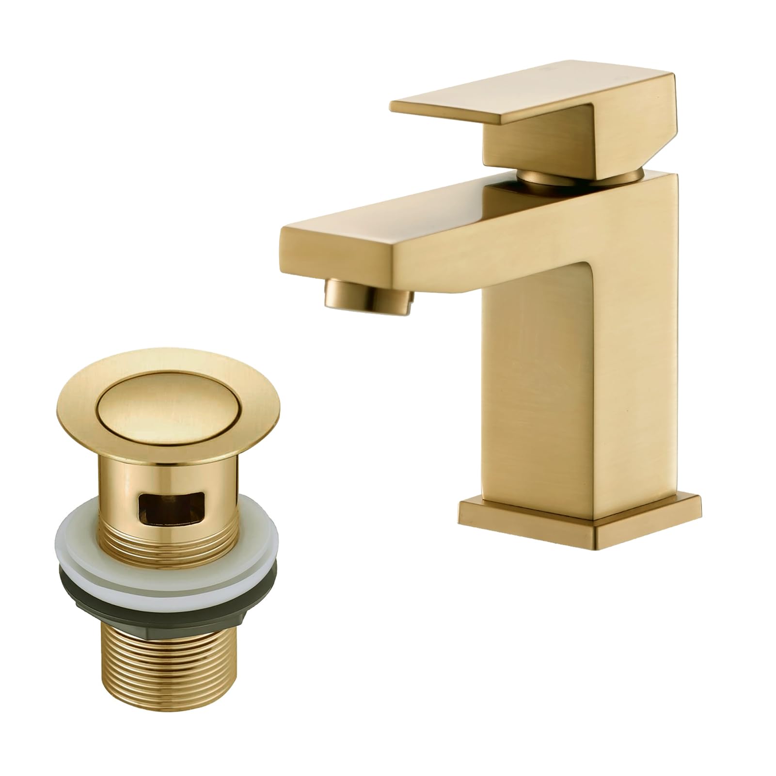 BATHWEST Square Bathroom Sink Tap with Drain, Brass Basin Mixer Tap with Pop-Up Waste, Single Lever Ceramic Cartridge, Brushed Gold 5-Layer Anti-Rust, Modern Bathroom Tap with Sink Plug 492MGO — image 1