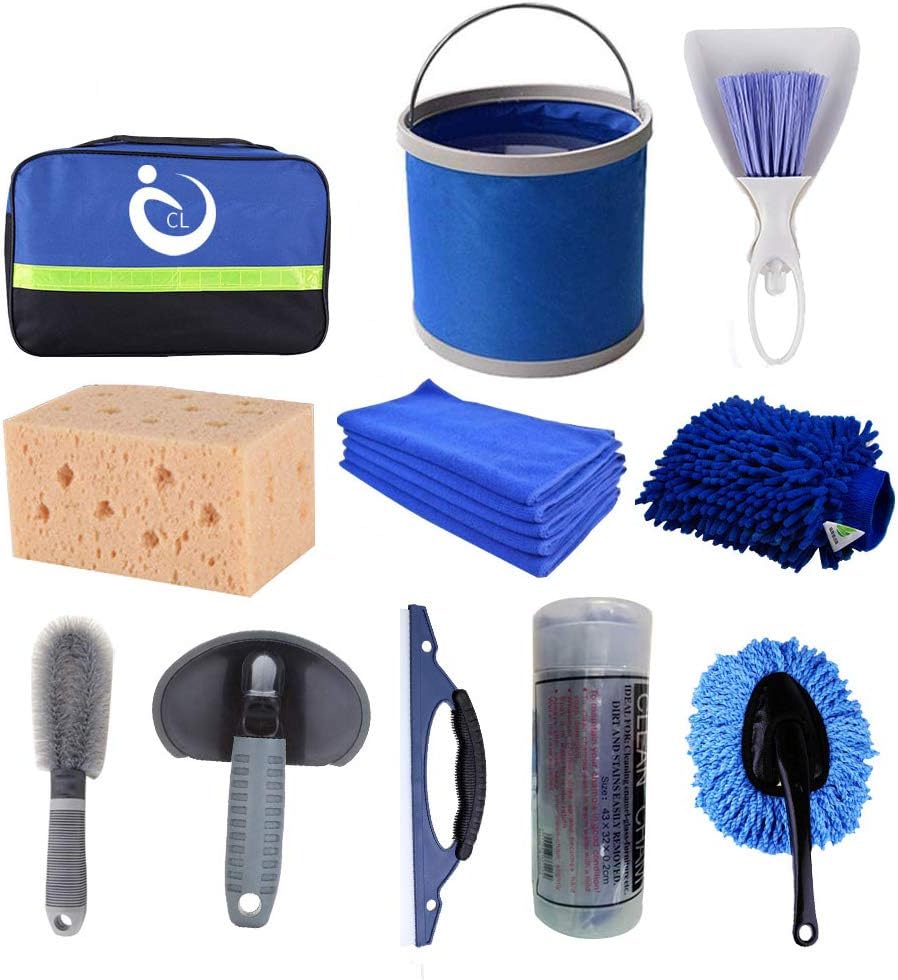 11pcs Car Cleaning Tools Kit,car washing tools kit with bag - Tire Brush/Wheel Brush/Chenille Wash Sponge/Duster/Wash Cloths/Window Water Scraper/Deel Towel/collapsible bucket/wash glove