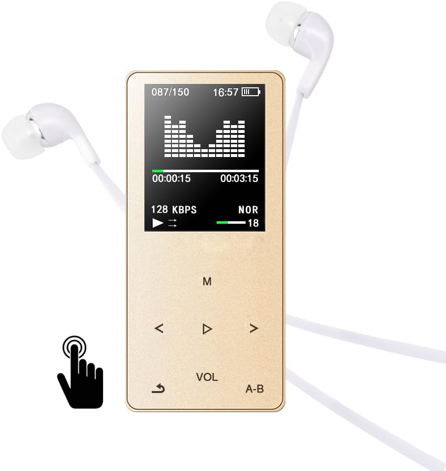 MP3 Player, Elinker 8GB Metal MP3 MP4 Player with touch buttons, 1.8 inch display, music player, 80 hours playback, FM radio, video, e-book support Extendable up to 128GB(Gold)