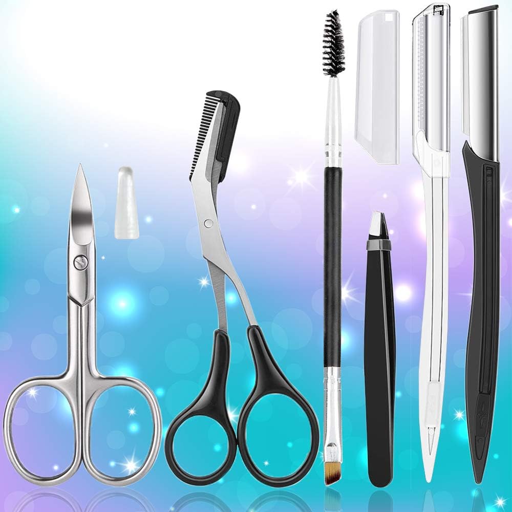 Eyebrow Shaping Kit 4" Curved Stainless Steel Eyebrow Scissors, Slant Tweezers, Eyebrow Razor, Eyebrow Scissors And Double Eyebrow Brush for Women: Home Improvement