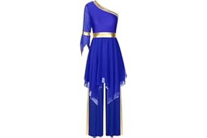 YOOJOO Women Praise Dance Dress Outfit One Shoulder Flared Sleeve Irregular Liturgical Worship Dress with Wide-Leg Pants