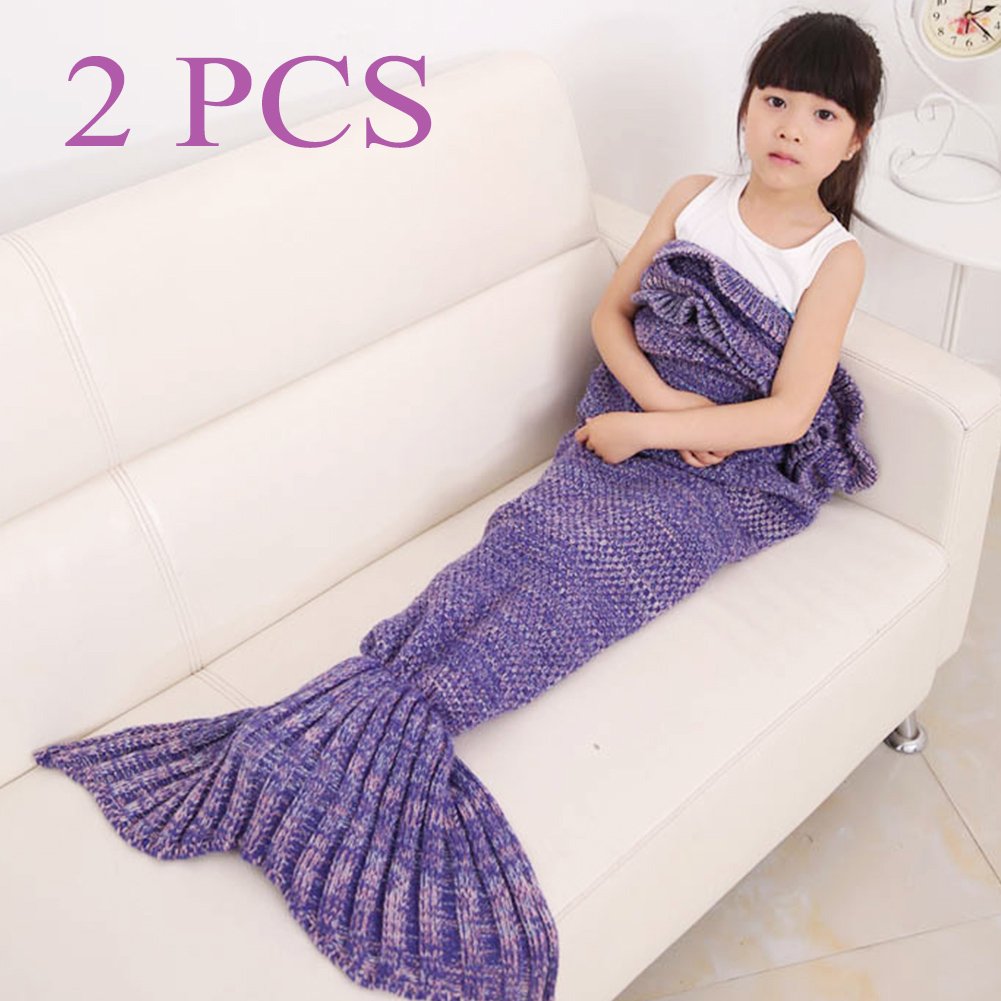 GDAE10 Children Warm Soft Crochet Handmade Mermaid Tail Blanket Knitting Living Sleeping Bag Camping Bag for Girls Kids (Tender purple)