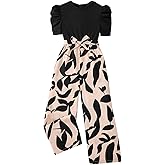 OYOANGLE Girl's Graphic Short Puff Sleeve Belted Wide Leg Long Pants Jumpsuit Summer Outfits