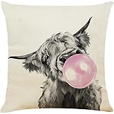 RYKEEN Highland Cow Throw Pillow Cover，18 X 18 Inch Highland Blowing Bubble Gum Cow Decorative Linen Cushion Cover Home Decoration for Couch Sofa Bed