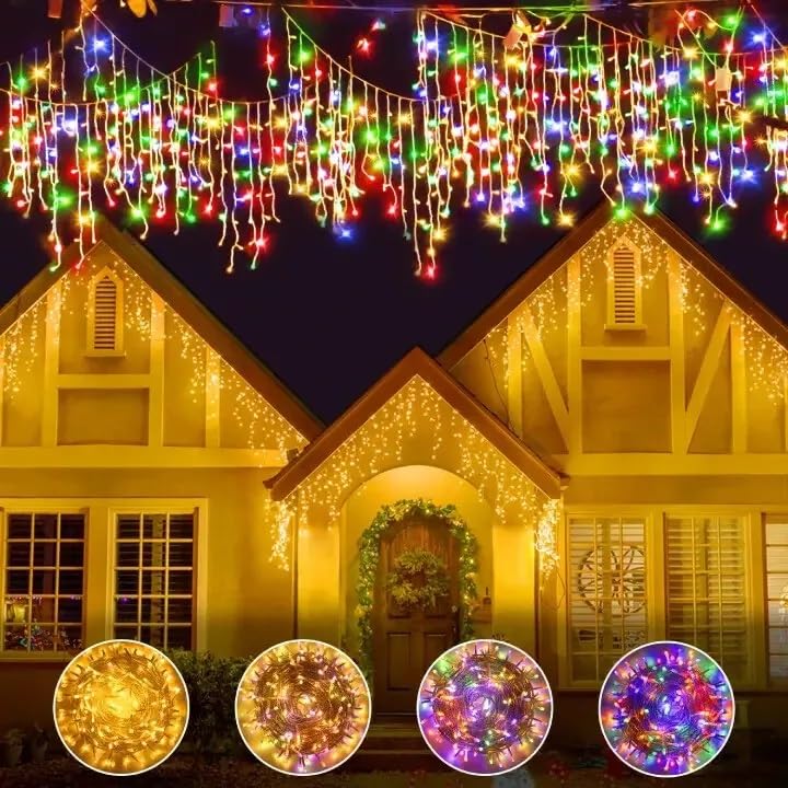 Ollny Icicle Fairy Lights Outdoor - 7.5M 306 LED Fairy Lights Plug in Waterproof, Warm White to Multicolour Remote/11 Modes/Timer String Lights Mains Powered, Outside Window Roof Gutter Decorations