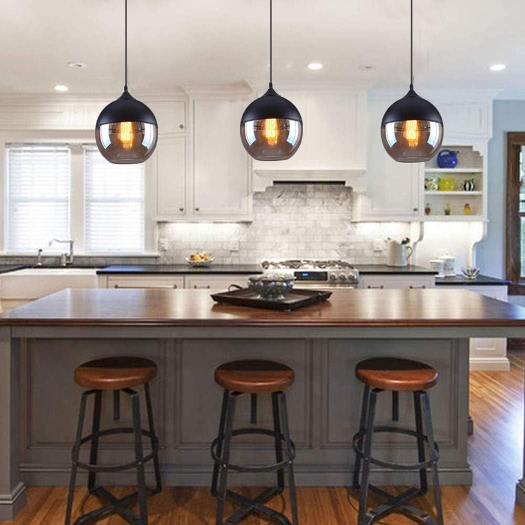 NAANN Globe Pendant Lighting, Modern Hanging Ceiling Lamps Black Industrial Mid Century Amber Glass Pendant Light Fixture with Adjustable Cord for Kitchen Island Bathroom Dining Room E26 Bulb - - 