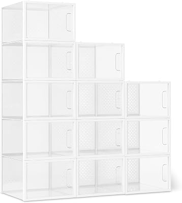 - Caja organizadora de zapatos apilable y plegable, grande, paquete de 12, Transparente