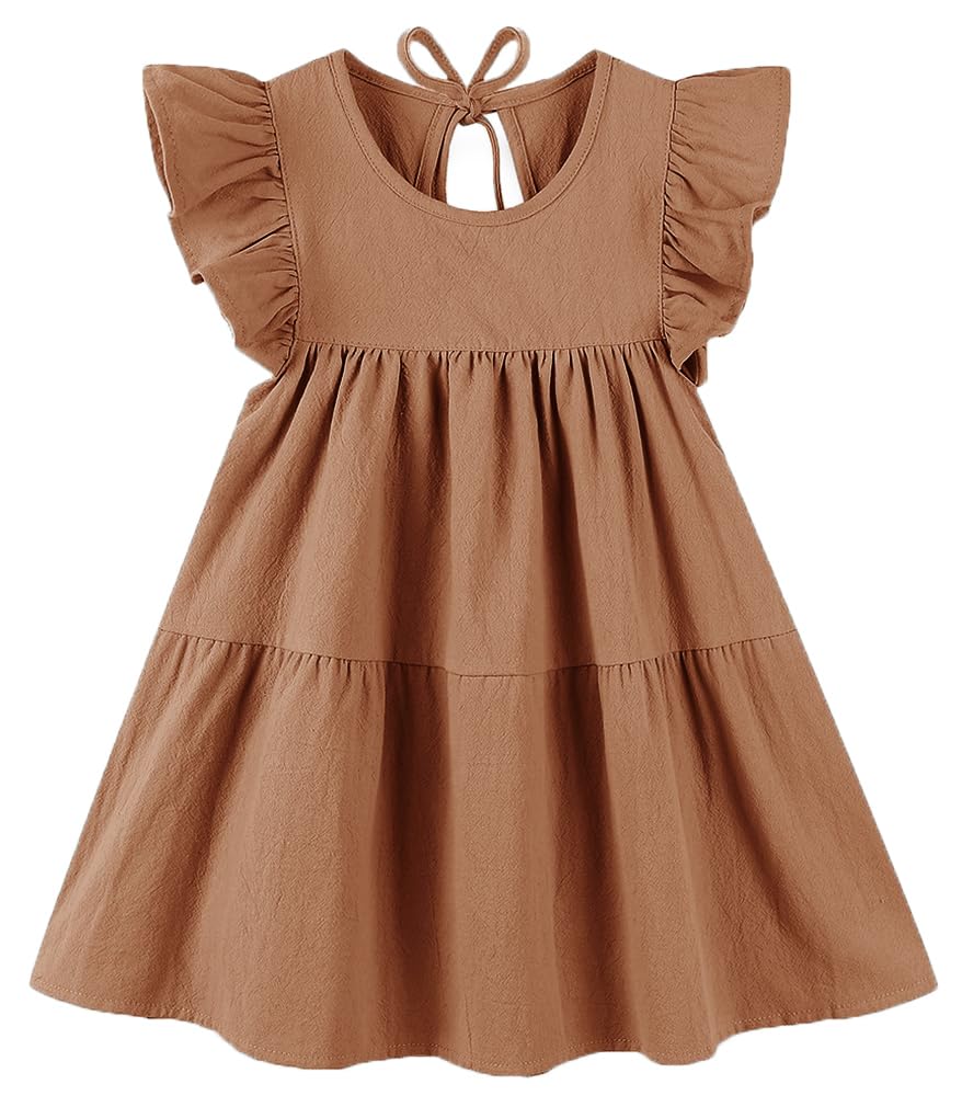Photo 1 of RJXDLT Toddler Dress Baby Girls Cotton Linen Ruffle Sleeve Tiered Swing Casual Summer Boho Dresses 379 Brown 100