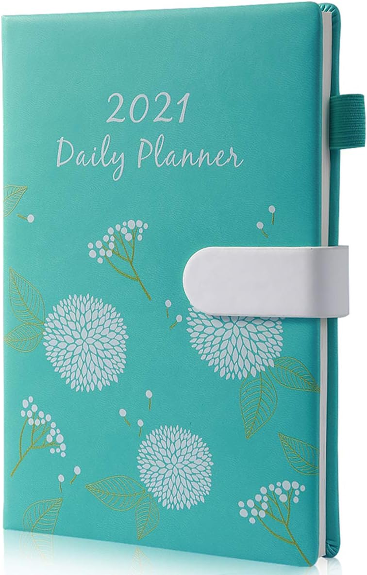 2021 Daily Weekly Monthly and Year Planner 6.4"x 8.5" Appointment Book with Pen Magnetic Button Thick Paper Pocket Leather Notebook (Green)