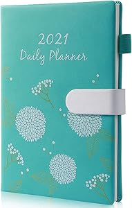 2021 Daily Weekly Monthly and Year Planner 6.4"x 8.5" Appointment Book with Pen Magnetic Button Thick Paper Pocket Leather Notebook (Green)