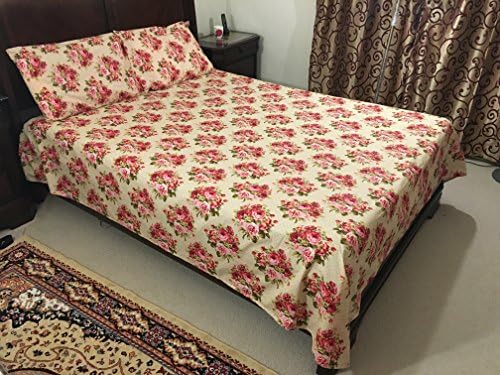4 Pc , Durable Sheet Collection , 160 TC Luxury Printed Poly Cotton Percale Queen Sheet Set 14" Deep Pocket, (Rose Print)