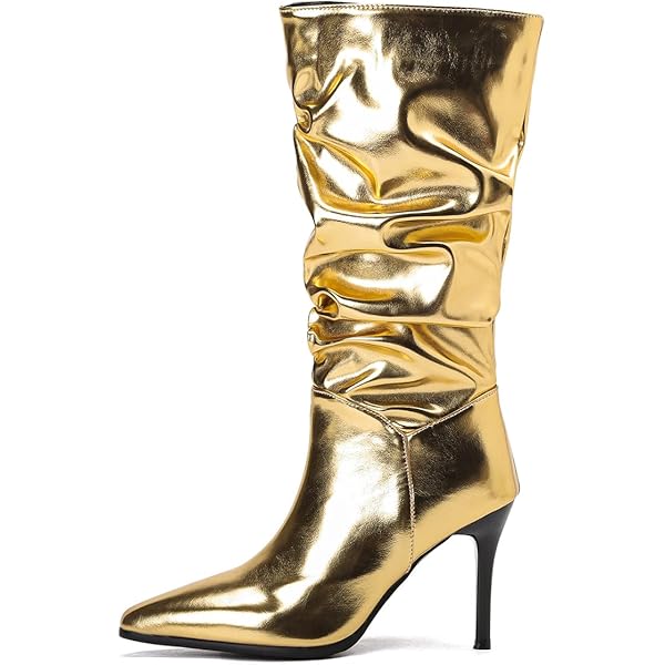 Amazon.com: DINTAHA Slouchy Metallic Boots Pointed Toe Mid Calf