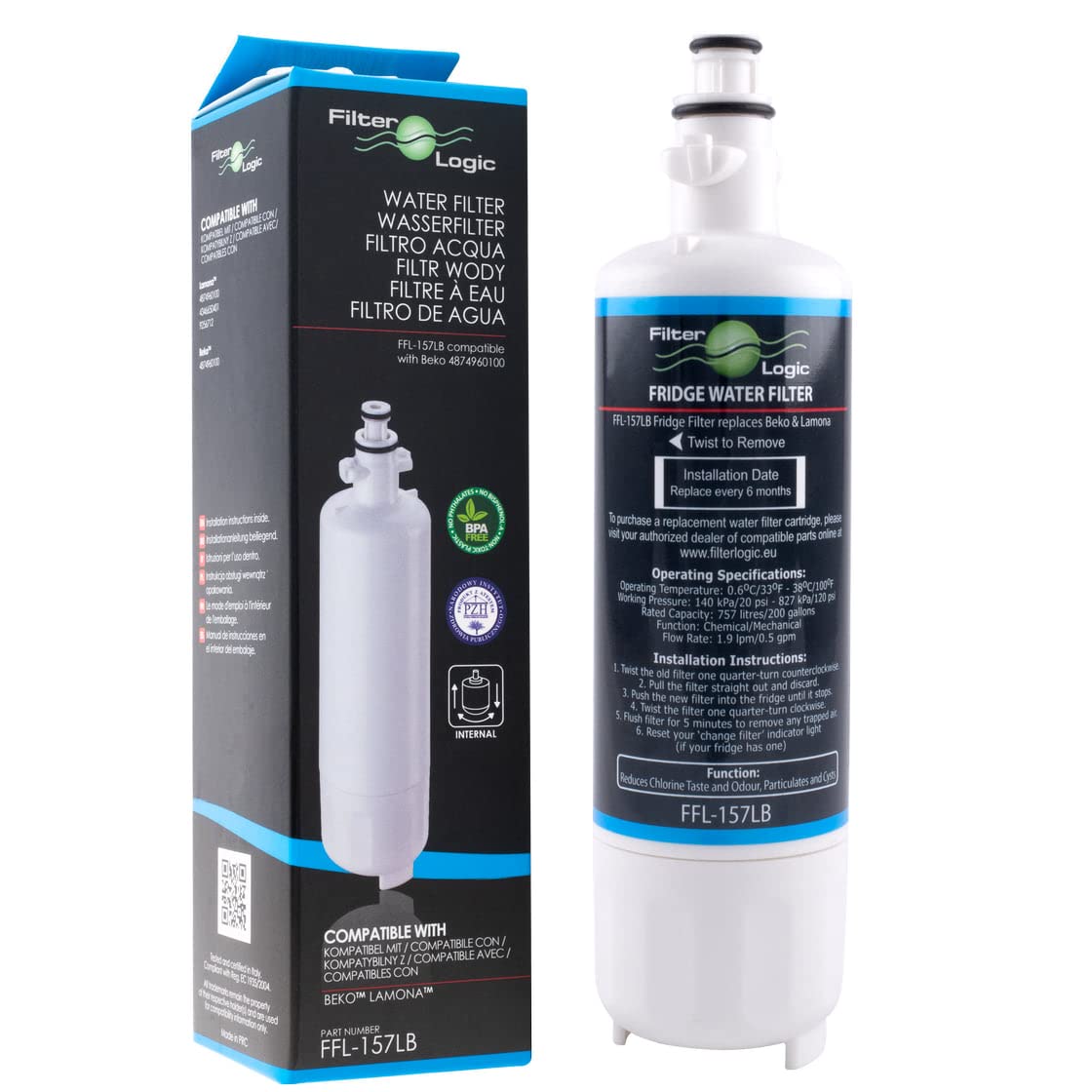 FilterLogic FFL-157LB Compatible Fridge Water Filter Cartridge fits Refrigerator Models: Beko 4874960100 Lamona - HJA6110 Grundig - GSN9330XA GSN9440XA & Blomberg - IWD1004ET KWD2440XA++ KQD1361
