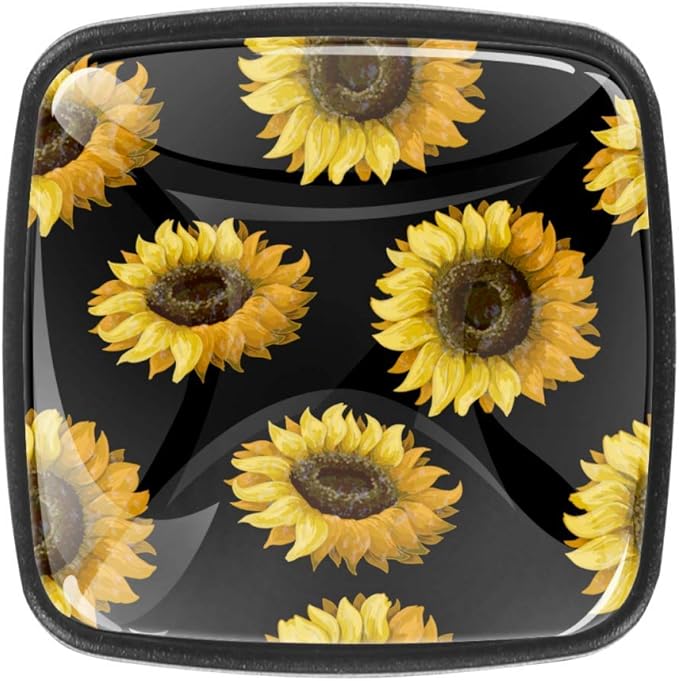 Sunflowers Black Print Square Pulls Cupboard Drawer Knobs