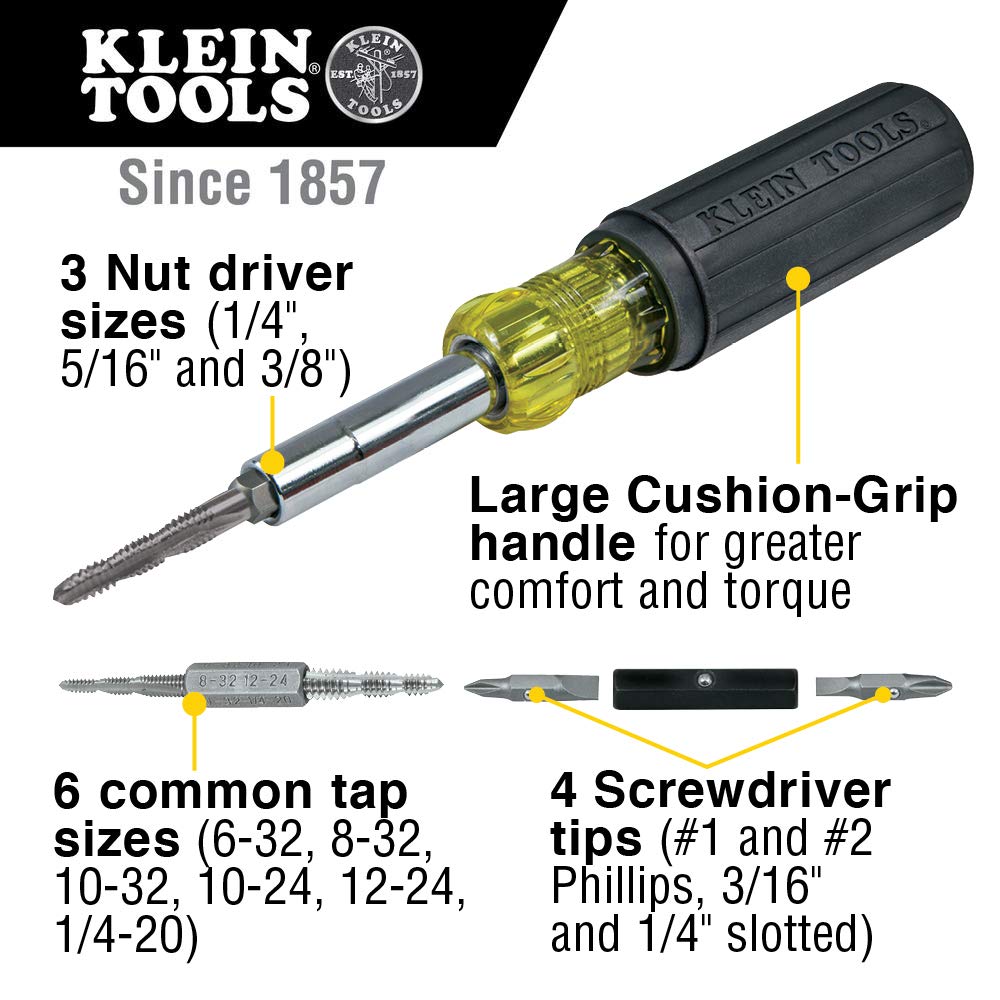 Klein Tools 32517 Multi-Bit Screwdriver / Tap Tool with 6 Common Tap Sizes, 4 Screwdriver Tips, and 3 Nut Driver Sizes: Industrial & Scientific