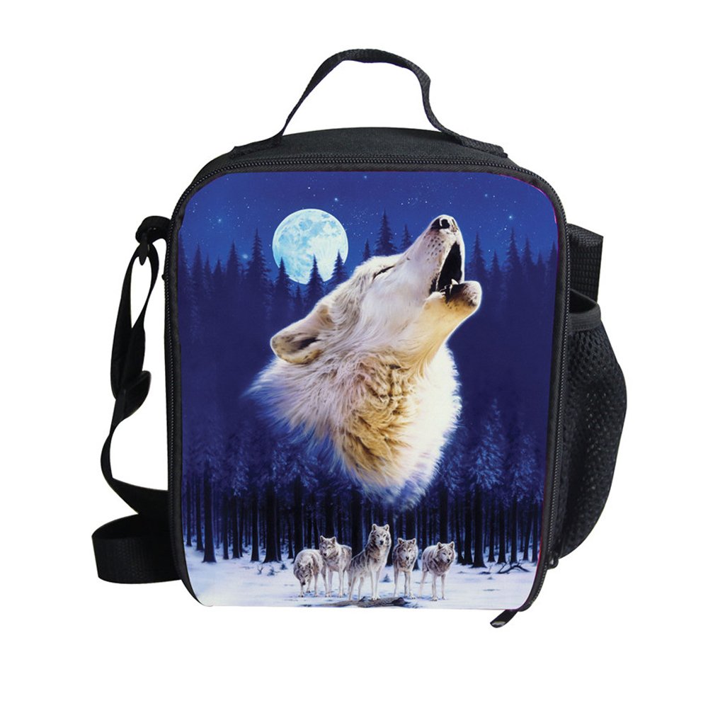 Amzbeauty Kids Back to School Lunch Bag Polyester Durable Insulated Reusable Lunch Box Bag Animal 3D Pattern(White Wolf)