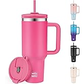 WETOWETO 40oz Tumbler with Handle | Insulated Stainless Steel Travel Mug | 34Hrs Cold & 10Hrs Hot Retention | 100% Leakproof Lid & Straw | Dishwasher Safe + Car Cup Holder Fit (Bright Pink)