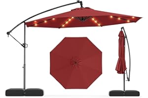 Tangkula 10ft Solar Patio Umbrella with Base Included, Offset Cantilever Outdoor Umbrella with 32 LED Lights, Infinite Tilt, 