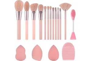 YJ-Anyue Makeup Brushes 12pcs Pink Makeup Brushes Set 3 Makeup sponge 1 Cleaning Tool Premium Synthetic Foundation Brushes Blending Face Powder Eye Shadow Concealer Make Up Brushes Tool