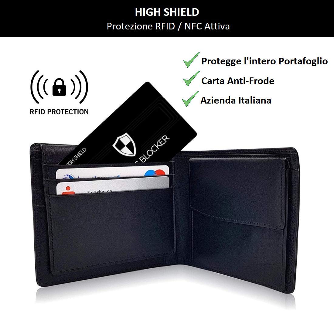 Protezione RFID HIGH SHIELD, RFID Card per Portafoglio, RFID Blocking Card Uomo e Donna, RFID Blocker, RFID/NFC Card Protection, Anti RFID - Protezione Totale per le tue Carte [NUOVA TECNOLOGIA]