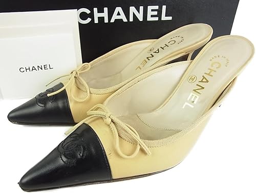Amazon Chanel シャネル サンダル ミュール ヒール 靴 34 1 2c 21 5cm Cc ココマーク リボン バイカラー レザー 箱付 ベージュ ブラック rqm Chanel ファッションサンダル