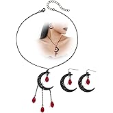 CIWEAI Gothic Black Moon Halloween Earrings Necklace for Women Goth Crescent Layered Choker Necklaces Vintage Crystal Blue Red Blood Dangle Earrings Clothes Jewelry Set Accessories