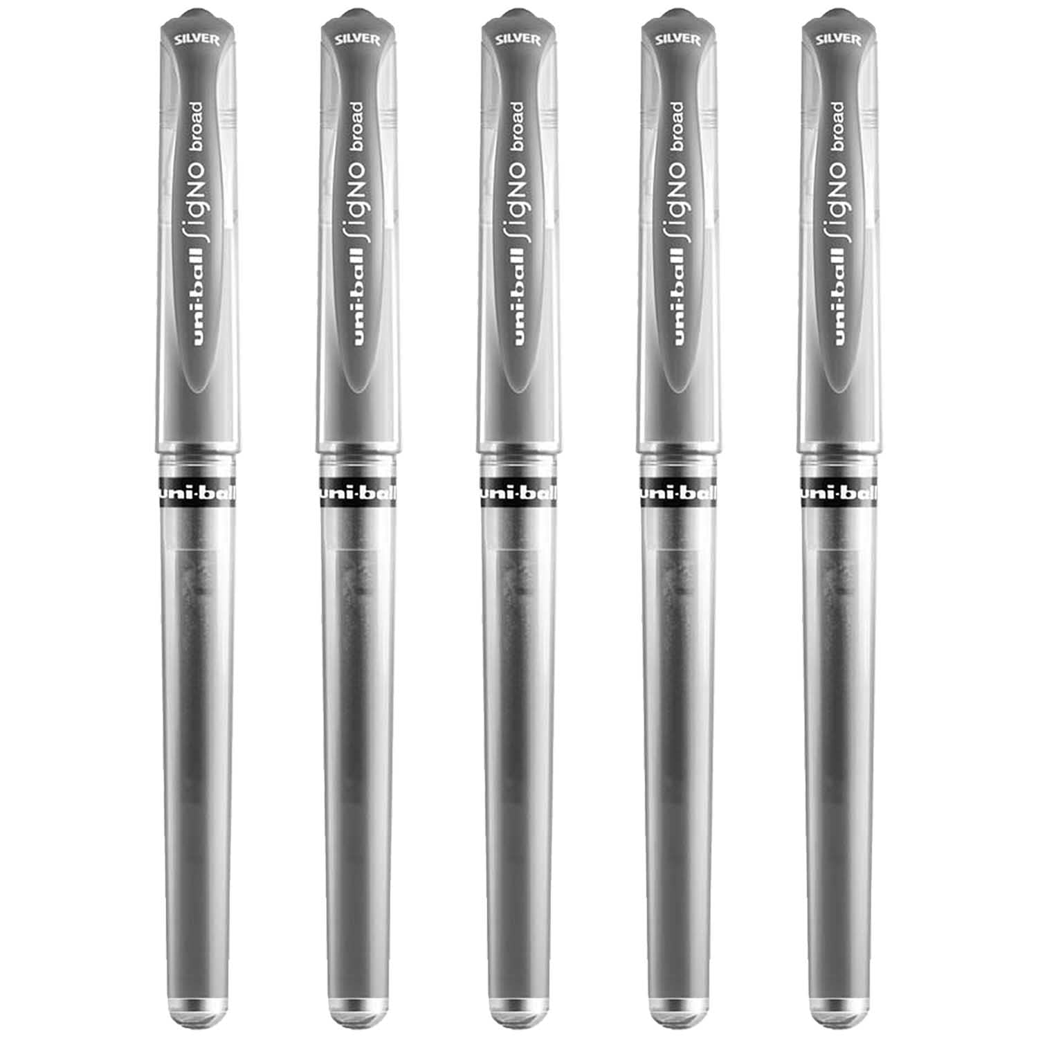 uni-ball Signo Pen Broad Metallic Gel Ink Rollerball - Metal 1mm Tip Nib 0.65mm Line Width With Rubber Grip - UM-153 - (Pack Of 5) - Silver