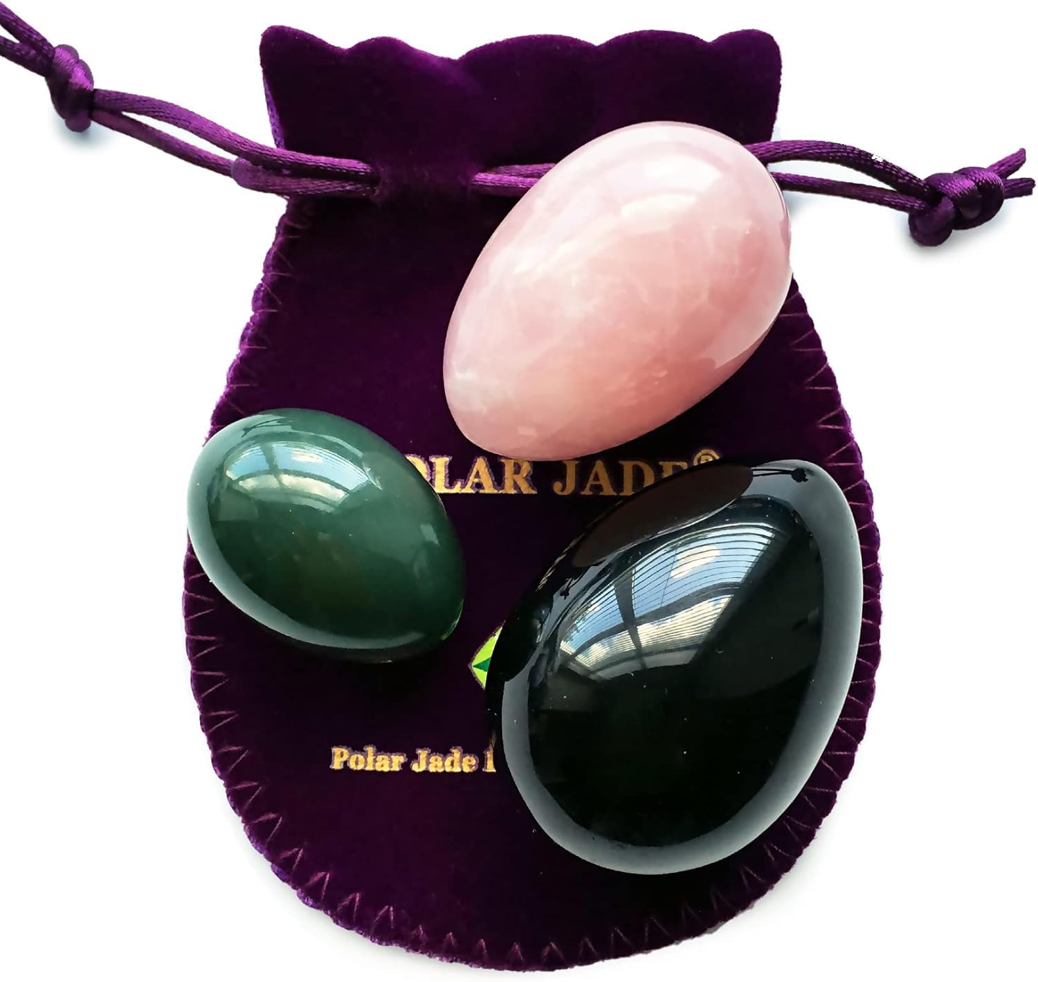 Jade Eggs 3-pcs Set of 3 Gemstones, NO-DRILLED, with User Instructions, Made of Nephrite Jade, Rose Quartz and Black Obsidian, L/M/S 3 Sizes for Training Love Muscles as Bladder Control Device