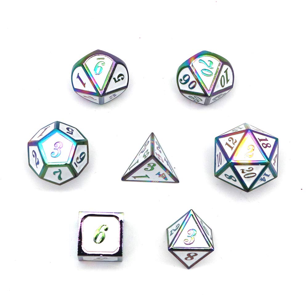 Fasizi 7PCS Metal Dice Set DND Game Polyhedral Solid Metal D&D Dice Set with Storage Bag and Zinc Alloy with Enamel for Role Playing Game Dungeons and Dragons (Colorful White)