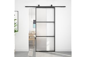BARNSMITH 42in x 96in Frosted Glass Barn Door and 7FT Hardware kit Included, Soft Close Mechanism,Black Carbon Steel Tempered Frosted Glass Sliding Barn Door, Easy Assembly