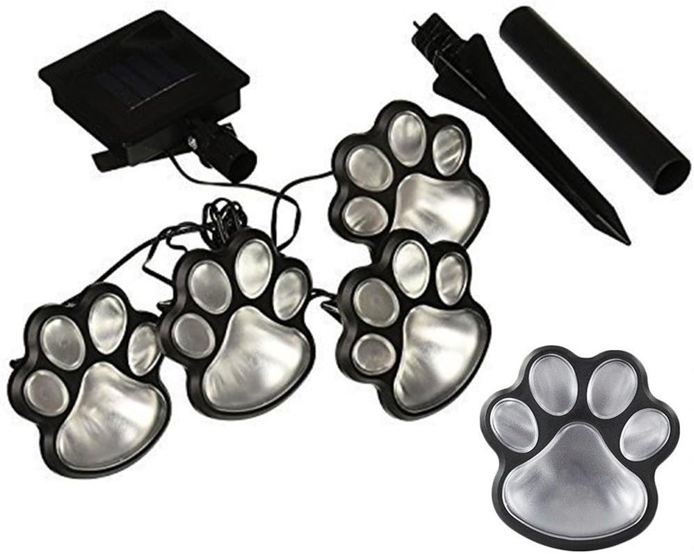 JUNERAIN 4 Solar Cat Animal Paw Print Lights Garden Lantern LED Path Lamp/White
