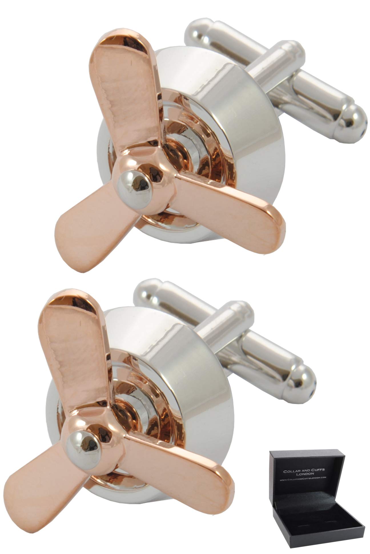 Cufflinks for Men + Presentation Box - Silver and Gold Colours - Moving Aircraft Propellers Plane - 18ct Gold Plated - Metal - One Pair