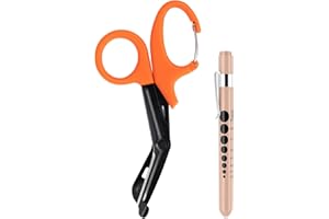 MOVOCA Pen Light for Nurses & Medical Scissors, LED Penlights with Pupil Gauge, 7.5" Bandage Scissors EMT Shears with Carabiner for Doctor, Nurses, Nursing Students (Orange Shears+Rose Gold Penlight)