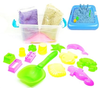 Pinnappo High Quality Magic Sand Beach Toy Set with Inflatable Sandbox, Storage Bucket & Molds