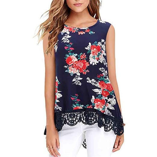 QingJiu Damen Print Top Lose Baumwollbluse Spitze Ärmelloses Druckhemd Casua Frauen Hemd Sweatshirt Oberteil Wams