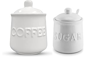 Kovot Ceramic Coffee and Sugar Set - Includes Embossed Sugar Jar with Spoon & Coffee Jar with Air-Sealed Lid - Stylish White Canisters for Kitchen Storage and Serving