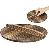 Luxshiny 9.44 Inch Anti-Overflow Wok Lid Wooden Pot Cover with Ergonomic Handle for Cast Iron Pan Cooking Protective Kitchenware Lid to Prevent Oil Splash and Scalding