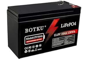 BOTKU 12V 10Ah Lithium LiFePO4 Deep Cycle Battery, 3000+ Cycle Rechargeable Lithium Iron Phosphate Battery for Solar, Fish Finder, Power Wheels, Lighting, Off-Grid Applications with 10A BMS