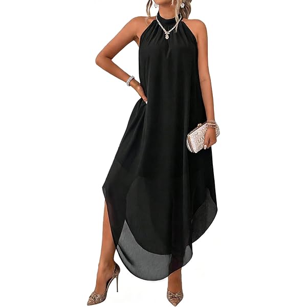 halter asymmetrical dress Verdusa Women's Wedding Guest Dress Halter Flowy Chiffon Asymmetrical Long  Summer Prom Dress White X-Small at Amazon Women's Clothing store