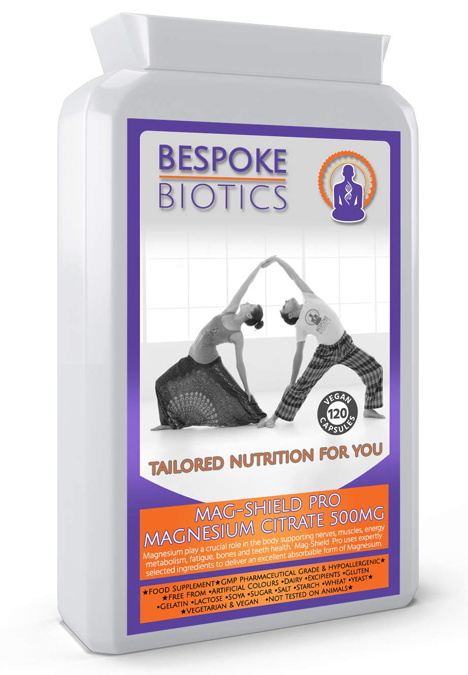 Magnesium Citrate 500mg 120 Caps | Mag-Shield Pro | Sleep Anxiety | PMS | migraine Headaches| neurological Digestion Easy Swallow Absorbacap not Tablets | UK Made | Bespoke Biotics