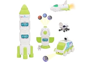 Jomifin Spaceship Toy Set for Kids, Space Astronaut Play with Lights & Sound Effect, Rocketship Solar System Playset with Rocket Shuttle, Space Station, Space Rover (Green)