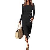 ANRABESS Womens 2026 Spring Long Sleeve Maxi Dress Crewneck Tie Waist Slit Casual Long T Shirt Dresses Winter Trendy Outfits