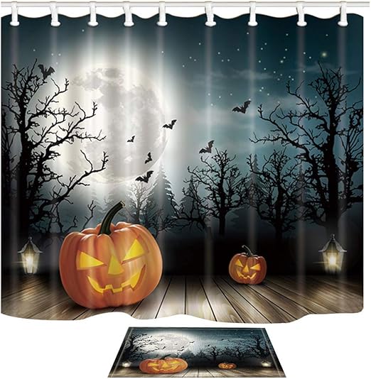 Amazon Com Shocur Halloween Shower Curtain Set Pumpkin Lights Bats And Moons Over The Ghost Woods Bathroom Decor Polyester Fabric 69 X 70 Inches With 12 Hooks And Non Slip 15 X 23 Inches
