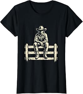 Cowgirl Sitting on Fence at Dusk Western Art T-Shirt